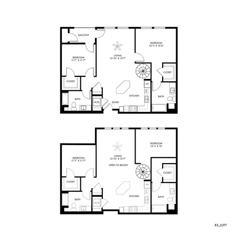 Floor plan for 2 beds, 2 baths, 1305 sqft